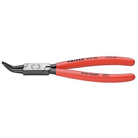 Angled pliers with red handles, shows 'KNIPEX' and 'Chrom-Vanadin'.