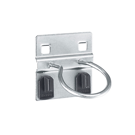 Metal bracket with hook and two black plastic parts on a white background.