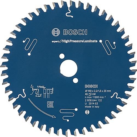 Blauw cirkelzaagblad van Bosch. De tanden zijn zilverkleurig. Inscriptie: Bosch Expert, High Pressure Laminates. Technische gegevens.