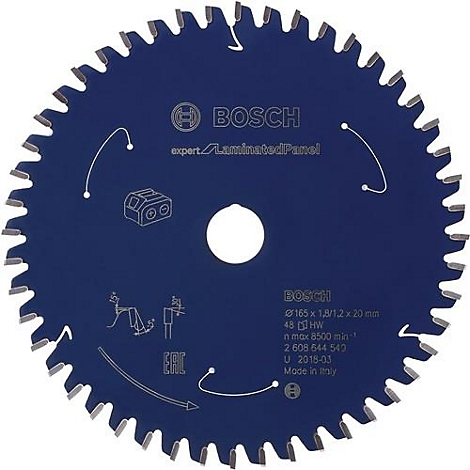 Blauw zaagblad met tanden en Bosch-logo. Het blad heeft tekst en het model.