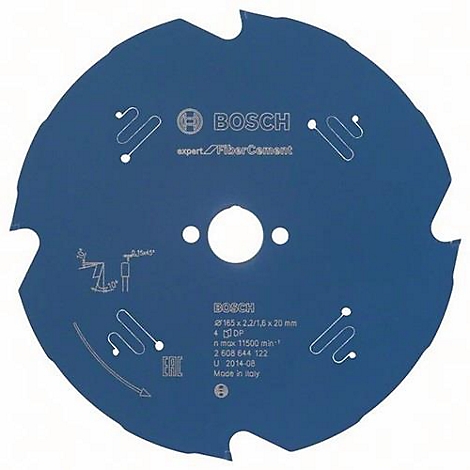 Blauw Bosch cirkelzaagblad. Inscriptie: expert FiberCement, Bosch, afmetingen, snelheid. Inkepingen voor zaagtanden.