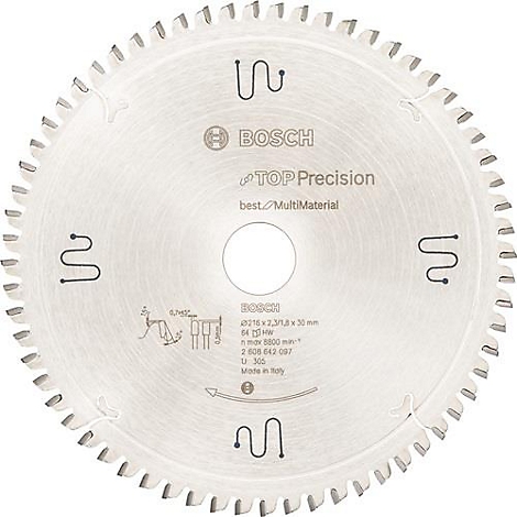 Bosch cirkelzaagblad. Zilverkleurig met tanden, Bosch logo, Top Precision belettering, technische gegevens.
