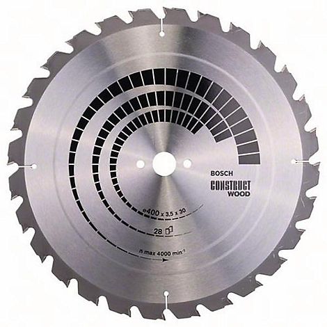 Metalen zaagblad met tanden. Zwarte grafische elementen en het opschrift 'BOSCH CONSTRUCT WOOD'.
