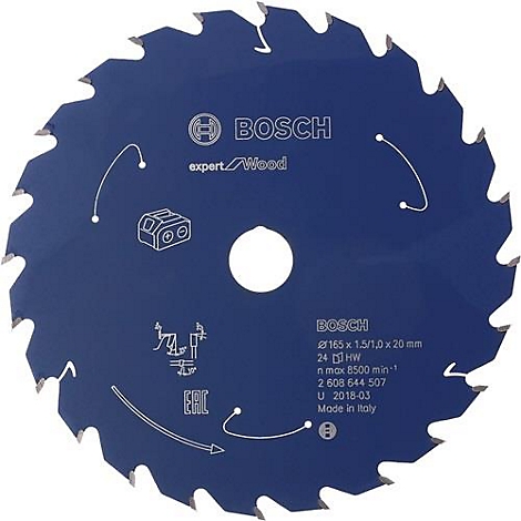 Blauw cirkelzaagblad met het Bosch-logo. Opschrift: Expert Wood, 165 x 1,5/1,0 x 20 mm.