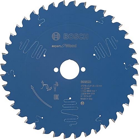 Rond blauw zaagblad met tanden, fabrikant: Bosch.