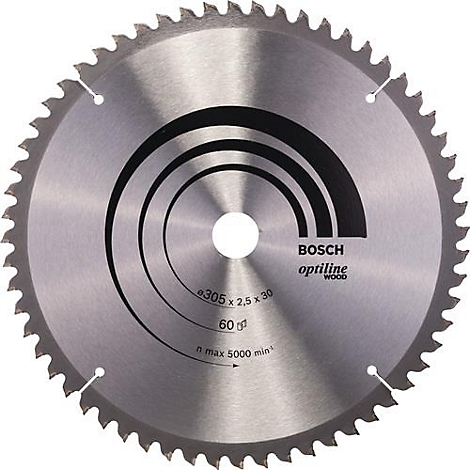 Metalen cirkelzaagblad met tanden en belettering: Bosch, Optiline Wood.