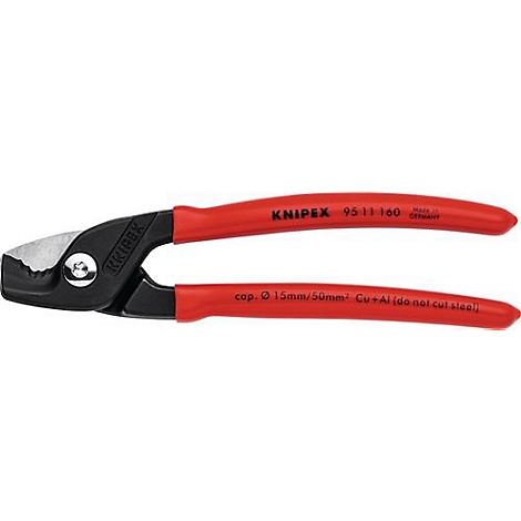 Coupe-câbles KNIPEX rouges et noirs. Inscription : KNIPEX, 95 11 160, Made in Germany, cop. 15mm/50mm² Cu+Al (do not cut steel).