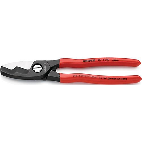 Coupe-câble, noir avec poignées rouges. Sur une poignée : Knipex 95 11 200. Sur l'autre : cap. Ø 20mm/70mm2 Cu+Al (do not cut steel).