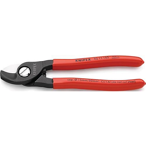 Pince coupante rouge et noire de la marque KNIPEX. Des informations sur le produit sont écrites sur les poignées.