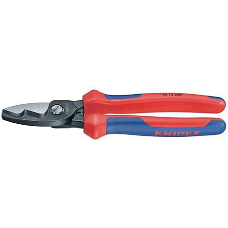 Pince coupante en forme de ciseaux avec des poignées rouges et bleues, en métal foncé. Inscription : KNIPEX.