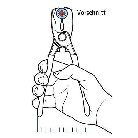 Dessin d'une pince tenue dans une main, avec une règle. Au-dessus de la pince, il est écrit "Vorschnitt".
