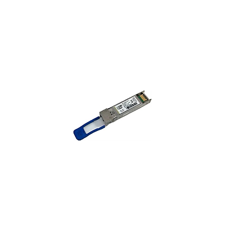 Module réseau argenté avec levier bleu et code-barres, détails de texte sur étiquette blanche.