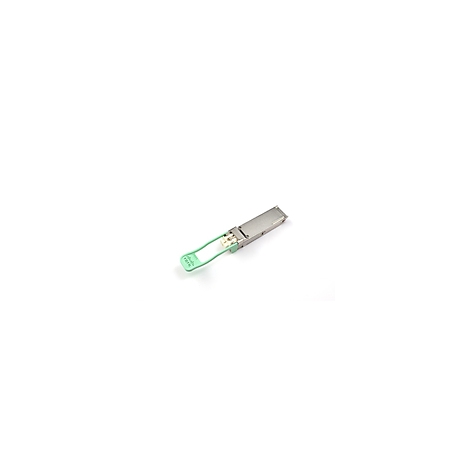 Un émetteur-récepteur SFP argenté avec une languette verte, est posé sur un fond blanc. Cisco est écrit sur la poignée.
