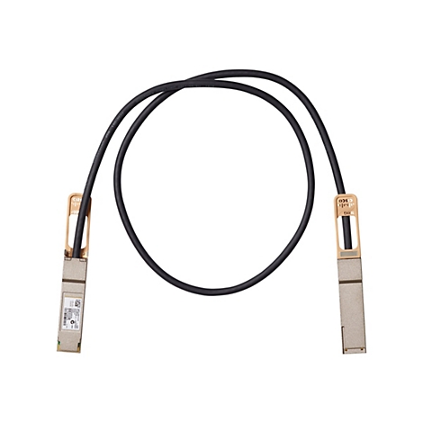 Schwarzes Kabel mit AnschlÃ¼ssen an beiden Enden. Auf den AnschlÃ¼ssen sind goldfarbene Halterungen und Beschriftungen zu sehen.