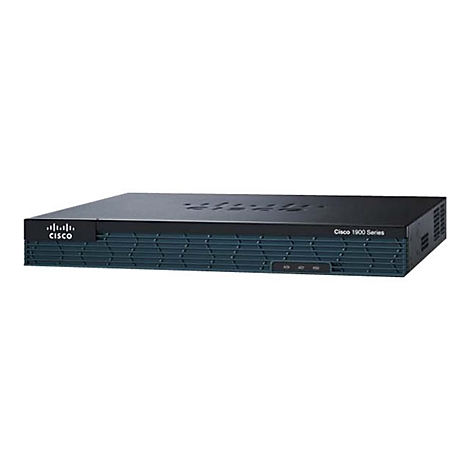 Ein schwarzer Cisco 1900 Series Router, der auf einer weißen Oberfläche steht.