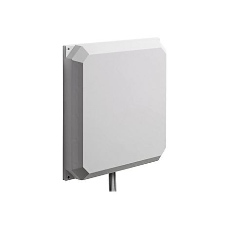 Antenne murale rectangulaire blanche, fixée au mur. Des tuyaux descendent de l'antenne.