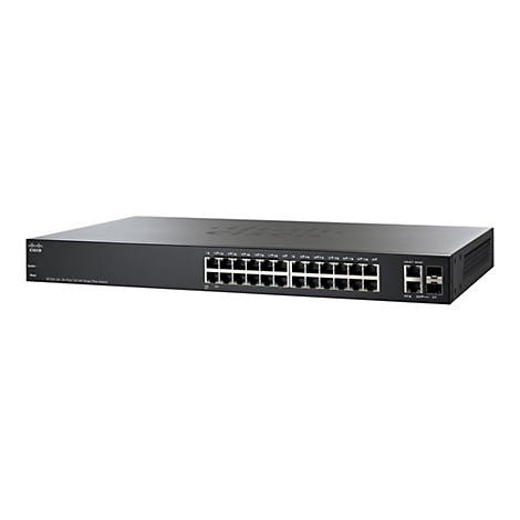 Schwarzer Cisco SF220-24 Netzwerk-Switch mit 24 Ports und zwei SFP-Anschlüssen vor weißem Hintergrund.