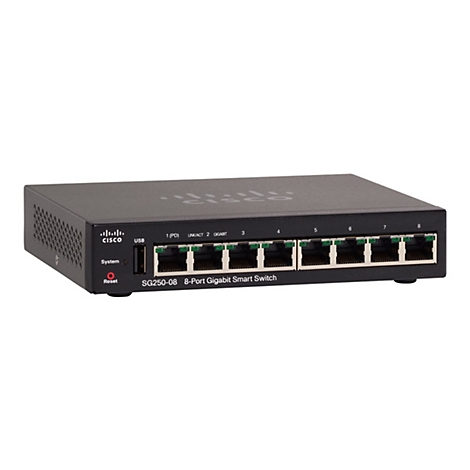 Ein schwarzer Cisco-Switch, 8-Port Gigabit Smart Switch, auf weißem Hintergrund.