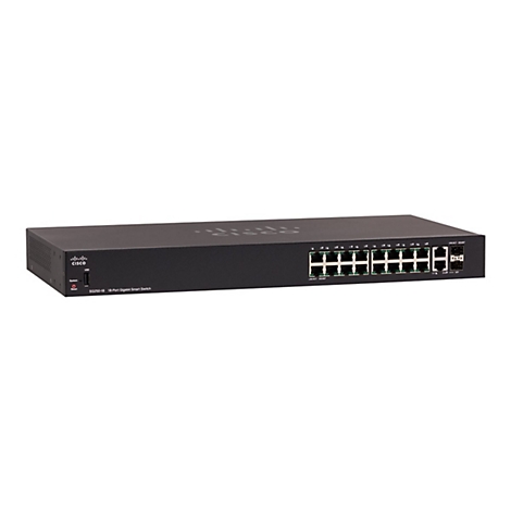 Schwarzer Netzwerk-Switch mit 18 Ports. Aufschrift: Cisco. Port-Anschlüsse und Kontrollleuchten deutlich erkennbar.