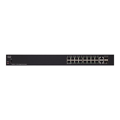 Schwarzer Netzwerk-Switch mit Ports, Cisco-Logo und Modellbezeichnung SG250-18.