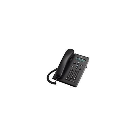 Téléphone de bureau noir avec combiné, boutons et petit écran. Câble reliant le combiné à la base.