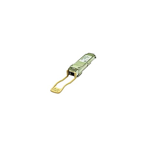 Ein silberner Cisco-Transceiver mit einem beigefarbenen Halter, der aus der Buchse herausragt.