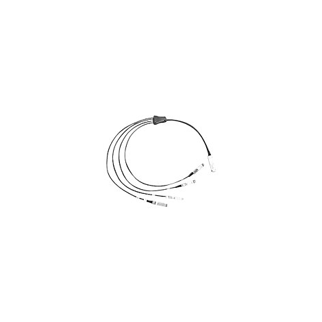 Ein graues Faseroptikkabel mit vier Strängen, verbunden mit einem Stecker und Einzelanschlüssen.