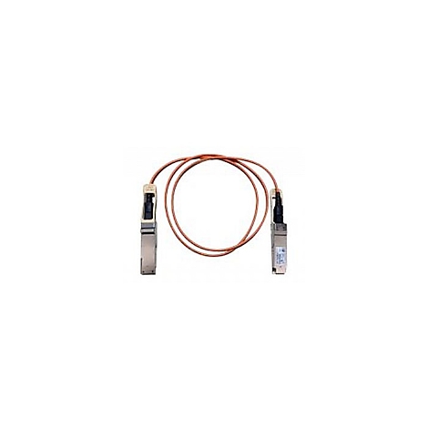 Ein orangefarbenes Glasfaserkabel mit zwei Metallsteckern.