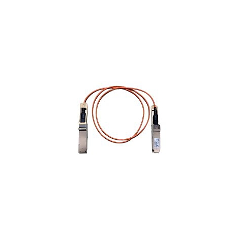 Ein orangefarbenes Glasfaserkabel mit zwei rechteckigen, metallischen Steckern an den Enden.