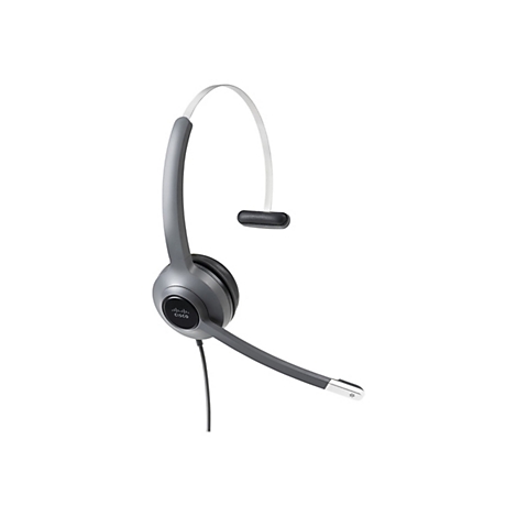 Graues Cisco Headset vor weißem Hintergrund. Das Headset hat einen gepolsterten Ohrhörer und einen verstellbaren Kopfbügel. Ein Mikrofon ist am Kopfhörer angebracht.