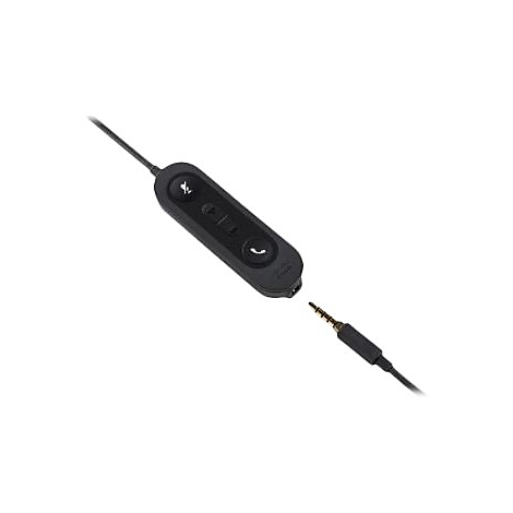 Télécommande noire avec symbole de microphone et de téléphone. Une prise jack de 3,5 mm est en train d'être connectée.
