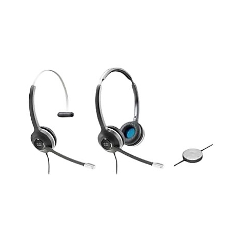 Mehrere Headsets und ein kleines Steuerteil auf weißem Hintergrund. Die Headsets sind schwarz und silber.