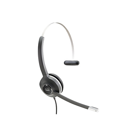 Ein graues Cisco-Headset mit Mikrofon auf weißem Hintergrund.