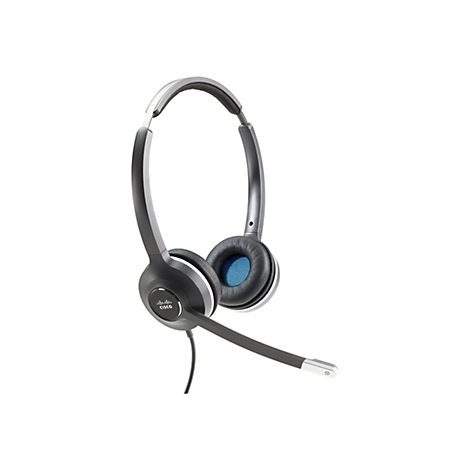 Un casque Cisco gris avec des coussinets d'oreille en cuir noir avec du tissu bleu. Un microphone est attaché. Le casque porte la mention "cisco".