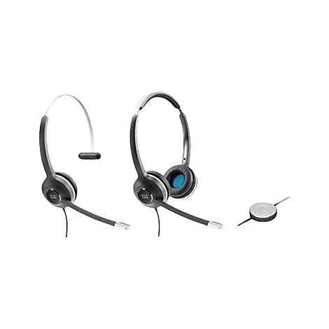 Trois casques dans différentes vues. Arceaux noirs, écouteurs gris et microphones. Rembourrage bleu dans un écouteur. Connexion par câble.