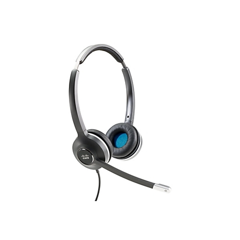 Un casque Cisco gris avec des oreillettes bleues rembourrées et un microphone, sur fond blanc.