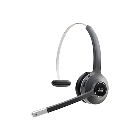 Casque Cisco sans fil gris avec microphone, arceau argenté, microphone noir.