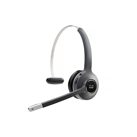 Casque sans fil gris sur fond blanc ; écouteur, microphone, serre-tête.
