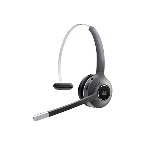 Casque gris, avec microphone, serre-tête et écouteur. Cisco est écrit sur l'écouteur.