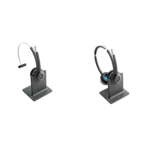 Zwei Headsets auf Ladestationen, das eine mit Mikrofon, das andere mit Ohrmuscheln.