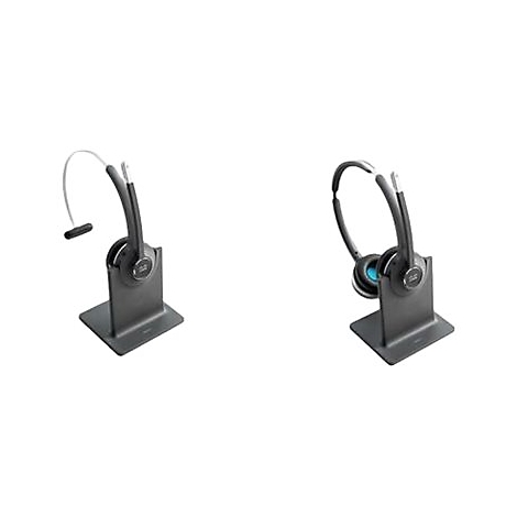 Zwei Headsets auf Ladestationen, eins mit Mikrofon, das andere mit Ohrmuscheln. Schwarze Farbe, modernes Design.