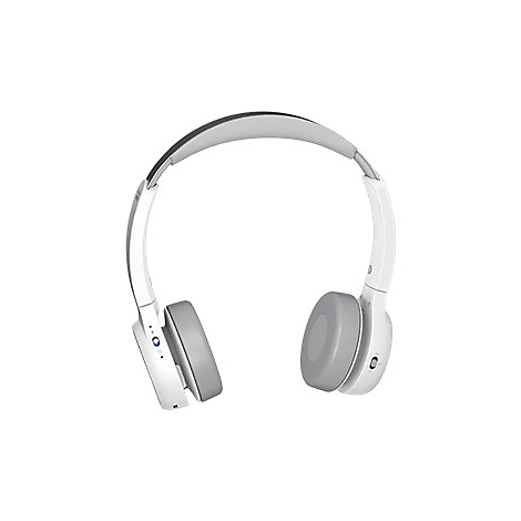 Casque gris clair avec serre-tête blanc, sur fond blanc.