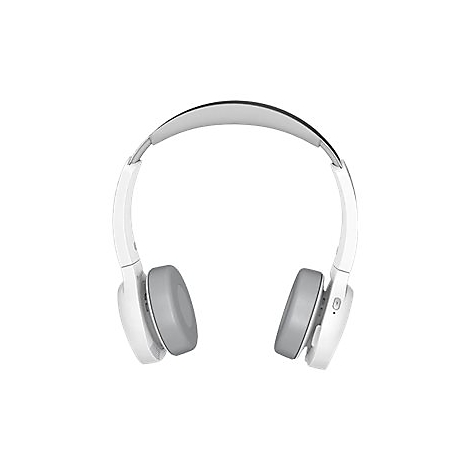 Casque gris clair avec serre-tête blanc, sur fond blanc.