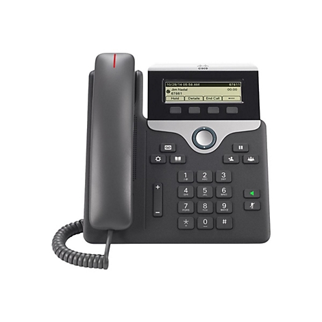 Téléphone de bureau Cisco gris avec écran, clavier et combiné. L'écran affiche la date, l'heure, le nom et le numéro.