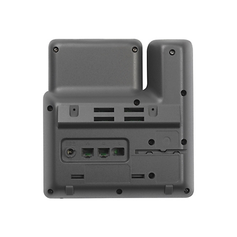 Arrière d'un téléphone gris, avec des ports et des vis.