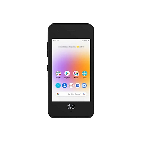 Smartphone noir avec des icônes d'applications à l'écran. L'heure, la date et la température sont affichées en haut. Le logo Cisco est en bas.