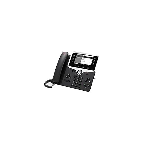 Téléphone de bureau noir avec grand écran, combiné et clavier.