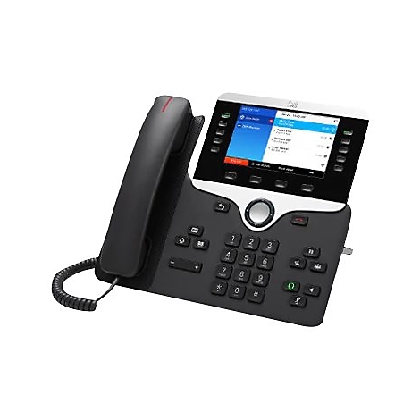 Téléphone IP Cisco noir avec grand écran. L'écran affiche des informations sur les appels.