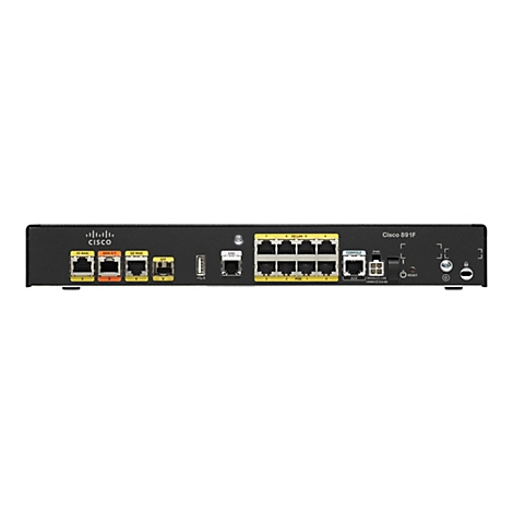 Ein schwarzer Cisco Router, mit mehreren Anschlüssen, Beschriftungen und Knöpfen. Auf der linken Seite befinden sich WAN- und SFP-Anschlüsse. Auf der rechten Seite befinden sich LAN-, Konsolen-, Reset- und Stromanschlüsse. Das Cisco-Logo ist prominent.