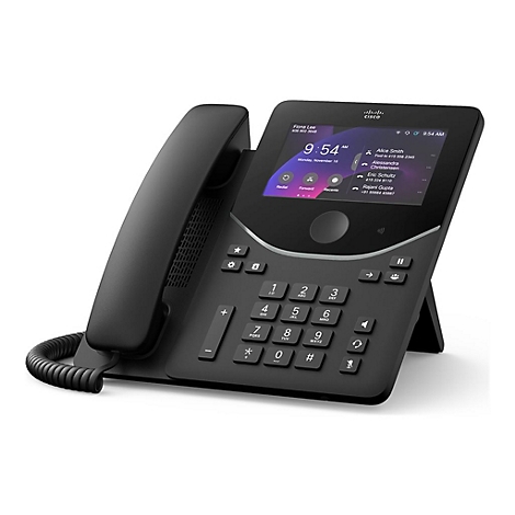 Téléphone de bureau noir avec écran, touches numériques et combiné. Sur l'écran : heure, liste d'appels, logo de l'entreprise.